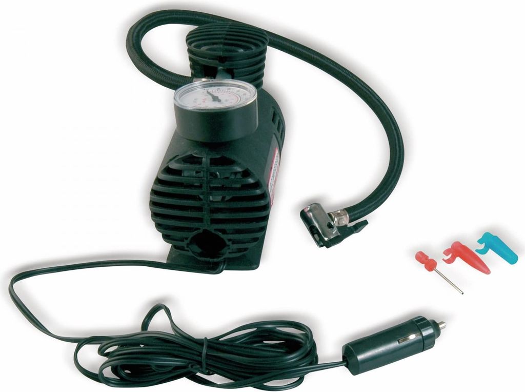 A black car tire inflator with a pressure gauge and accessories on a white background.
