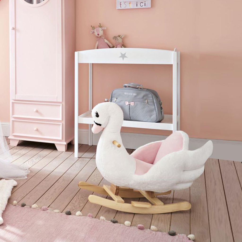 Schaukeltier Schaukelpferd mit Sicherheitsgurt Musik, 55 cm Baby Schaukel aus weichem Plüsch Schaukelspielzeug Spielzeug Wippe für Baby Kinder Kl...