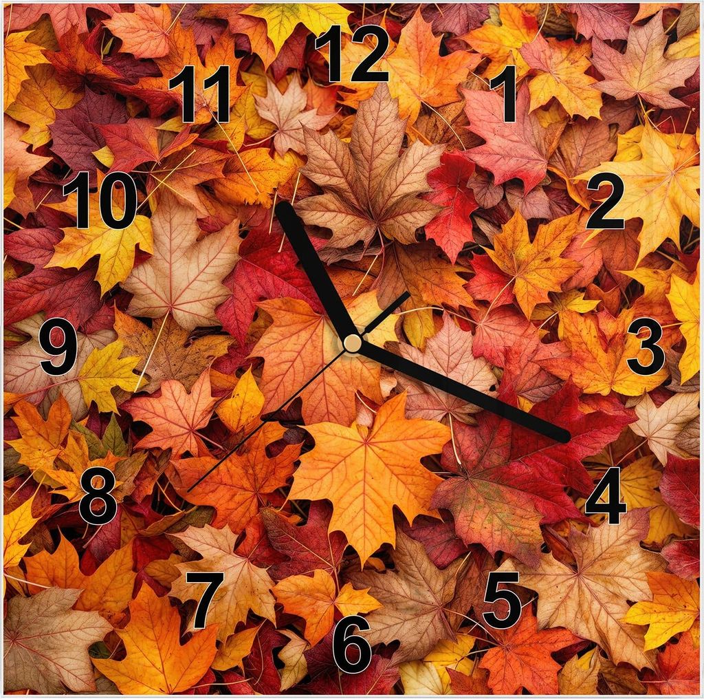 Wanduhr aus Glas mit Motiv Herbstlaub- 30 x 30 cm - inkl. Aufhängesystem