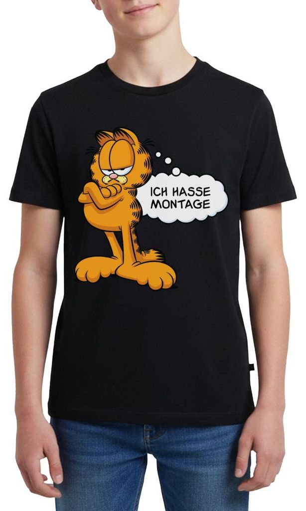 Spreadshirt Garfield Ich Hasse Montage Lustiger Spruch Teenager Premium T-Shirt, 146/152 (10 Jahre), Schwarz
