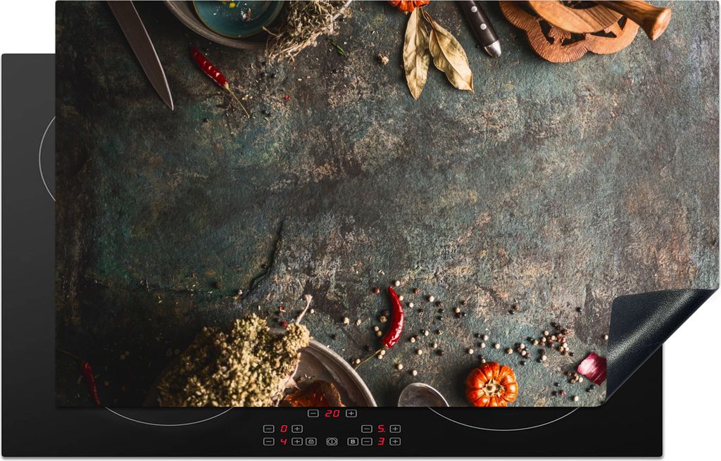 KitchenYeah Herdabdeckplatte Marmor - Gemüse - Herbst - Kürbis - Rustikal - Kräuter , 85x52cm, Küche Deko, Glaskeramikfeld Herdabdeckung, Abd...