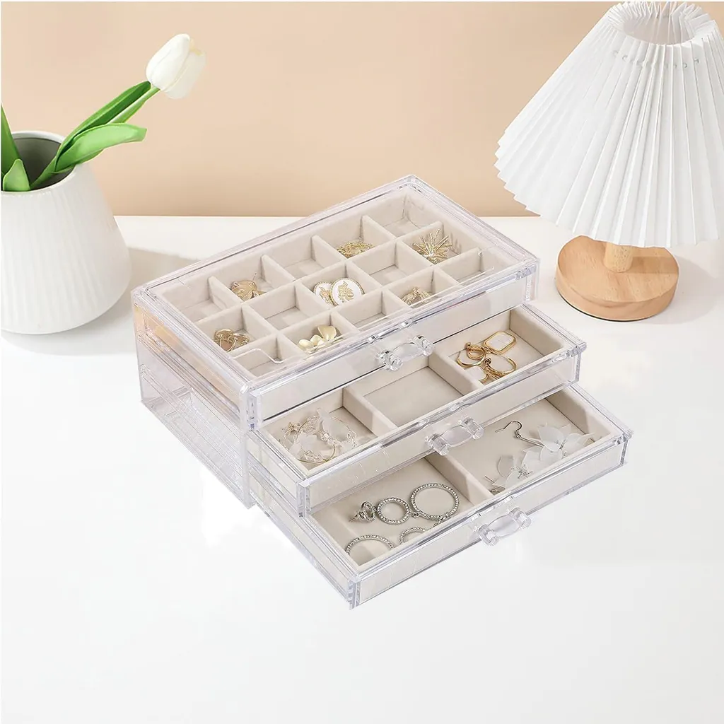 Porte-bijoux de Luxe 3 Tiroirs Amovibles en Velours Beige et Acrylique