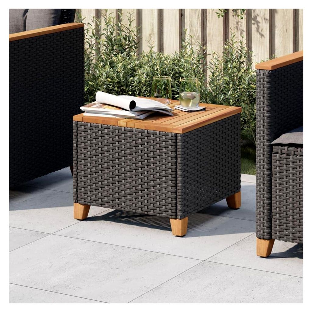Gartentisch aus Polyrattan und Akazienholz, schwarz, 45 x 45 x 37 cm