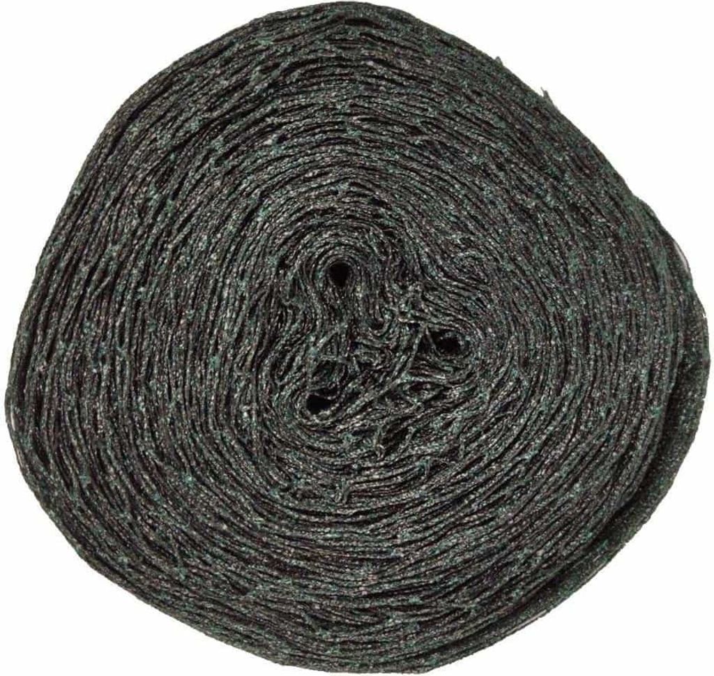 A tightly rolled spool of dark gray netting with small green flecks.