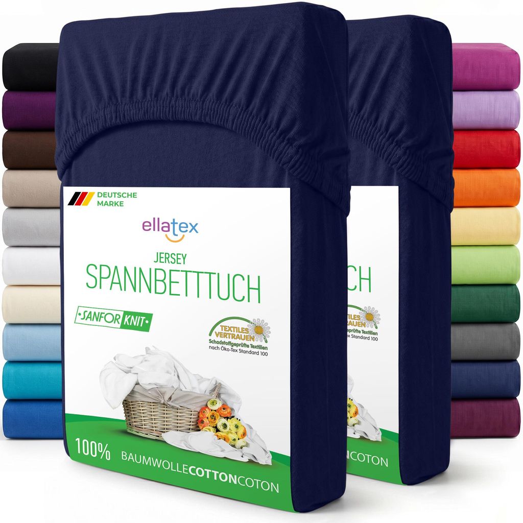 EllaTex 2er Pack Jersey Spannbettlaken 140x200–160x200 Baumwolle – atmungsaktive Spannbetttücher im Set, Farbe: Dunkelblau