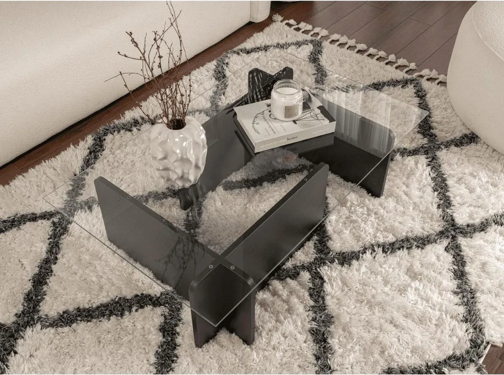 Table basse FLAVIO plateau verre trempé résistant et pieds noirs