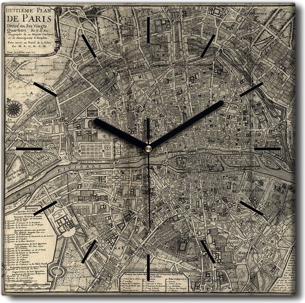 Coloray Uhr auf Leinwand 30x30 cm Wand Uhr Dekoration Wohnzimmer Segeltuch schwarze Hände -Pariserweinlesekarte.