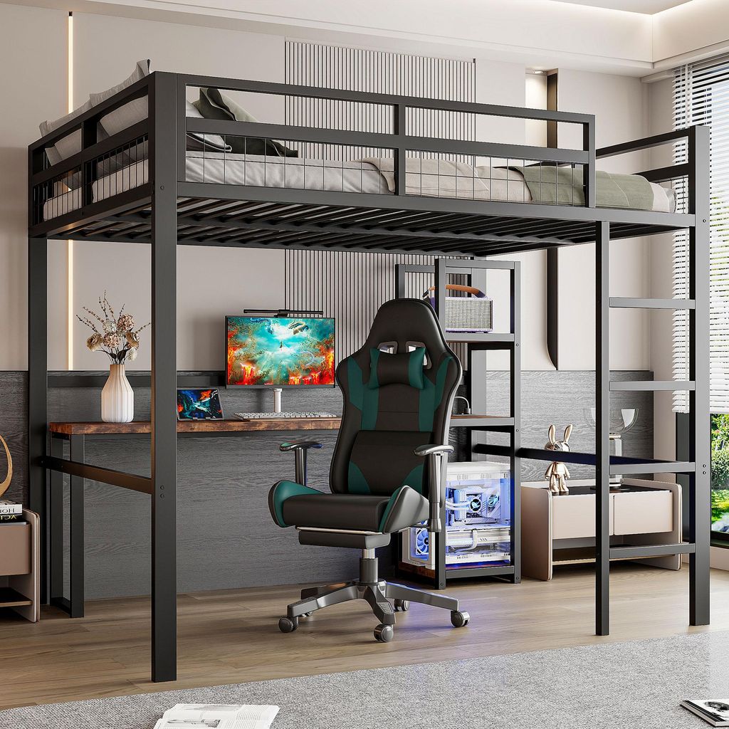 A loft bed with a desk and gaming chair setup in a room.