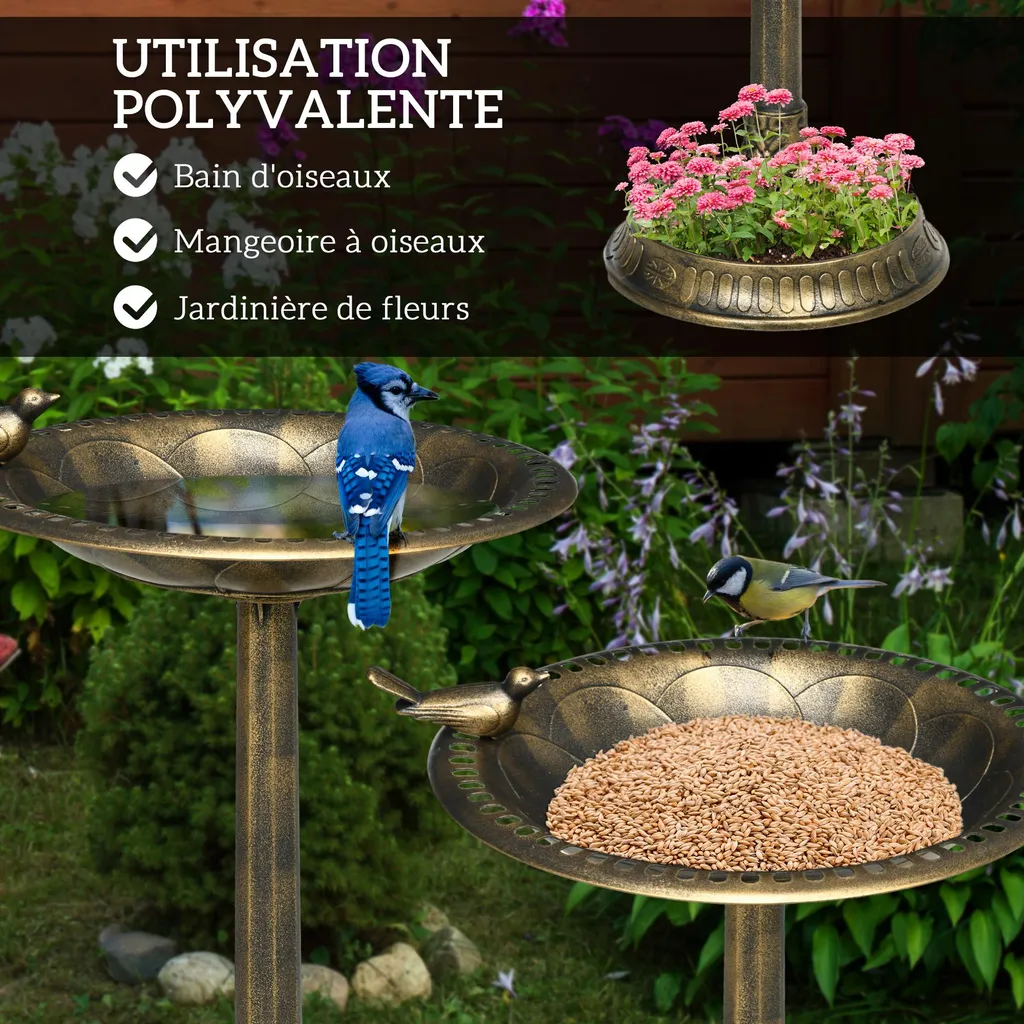 Bain d'Oiseaux 2 en 1 Style Rétro Bronze en Résine Résistante Intempéries - 3