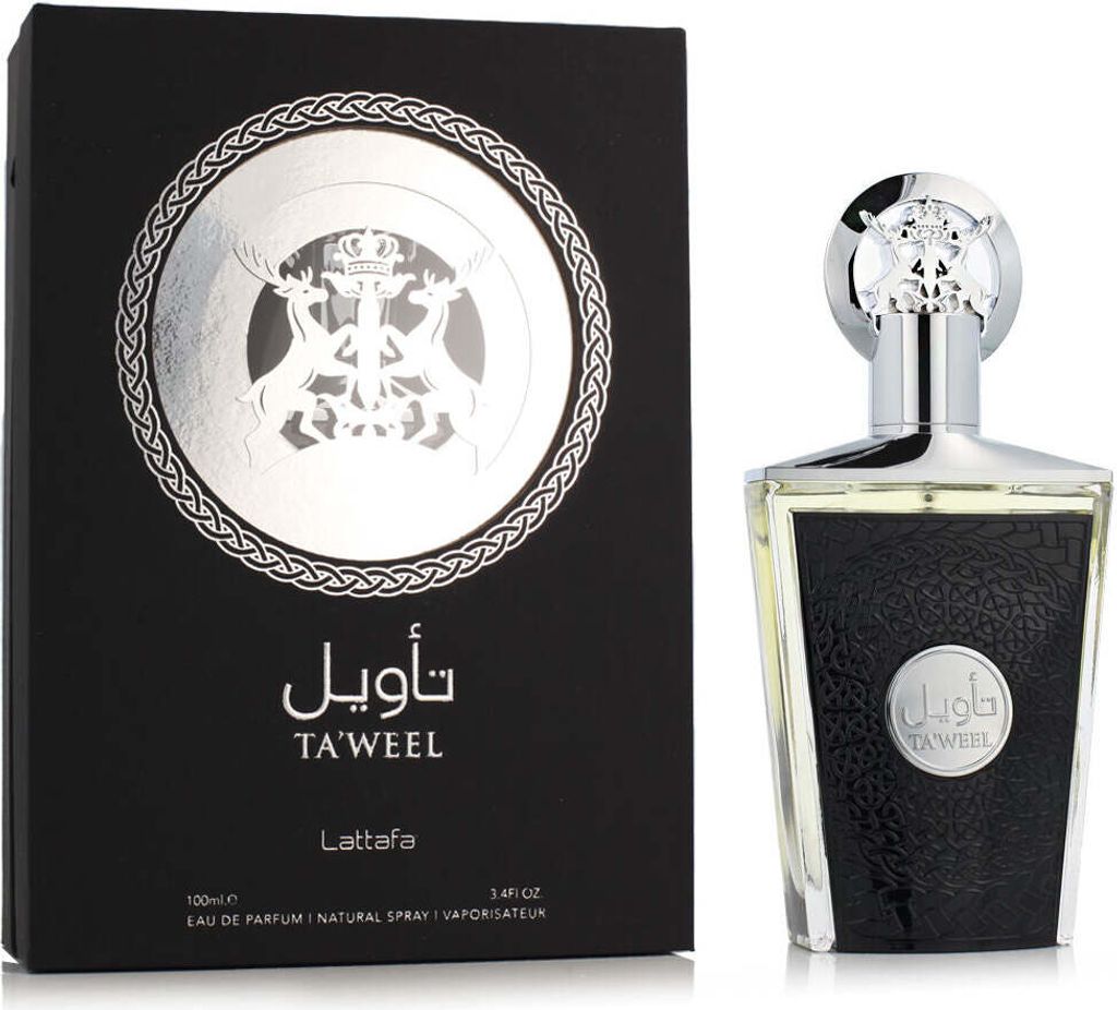 A perfume box and bottle are displayed side-by-side against a white background.