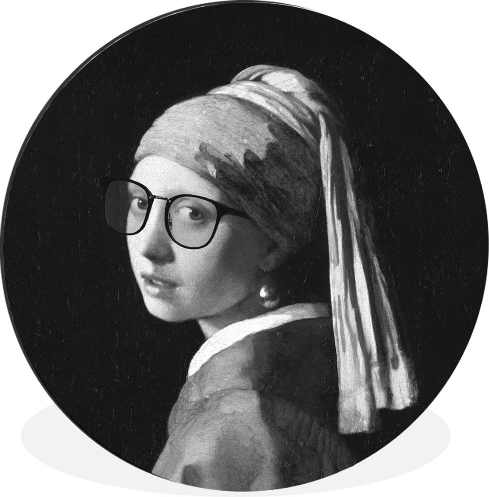 MuchoWow Aluminium Wandkreis Das Mädchen mit dem Perlenohrring - Johannes Vermeer - Schwarz und weiß Ø 60 cm Wanddeko Modern Wohnzimmer - Wand...