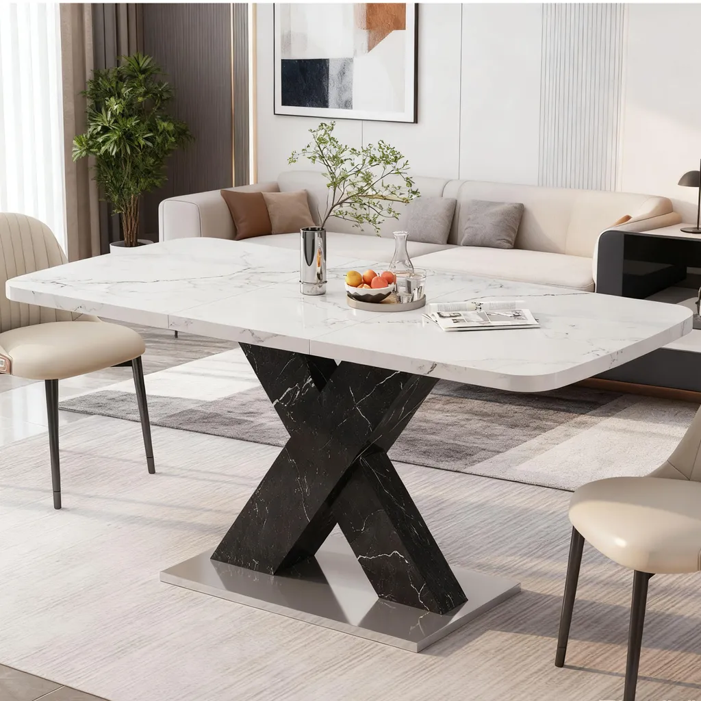 Table extensible pour 6 personnes marbre blanc et métal en X