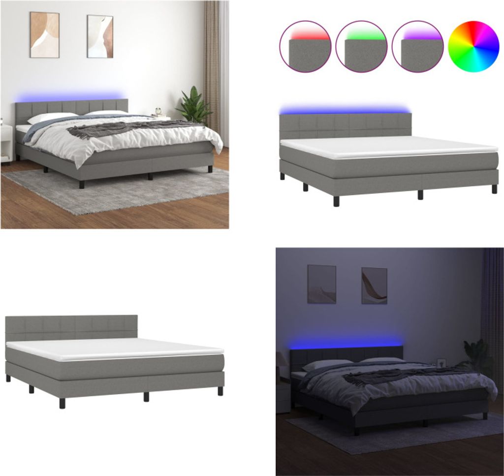 vidaXL Boxspringbett mit Matratze & LED Dunkelgrau 180x200 cm Stoff - Boxspringbett - Boxspringbetten - Bett - Schlafzimmermöbel