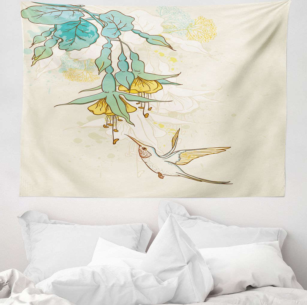 ABAKUHAUS Tier Wandteppich, Colibri Exotic Plant aus Weiches Mikrofaser Stoff Waschbar ohne Verblassen Digitaldruck, 150 x 110 cm, Teal Yellow