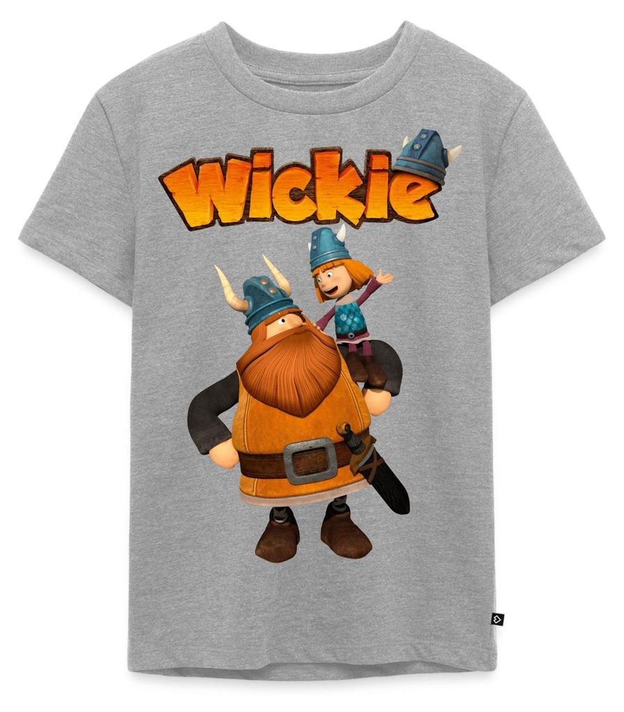 Spreadshirt Wickie Und Die Starken Männer Wickie Mit Papa Halvar Kinder Premium T-Shirt, 122/128 (6 Jahre), Grau meliert