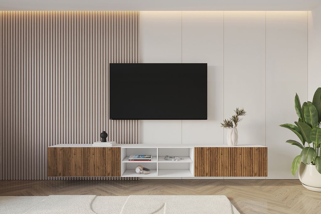 ALTDECOR TV-Schrank NOA-2-W mit Gefrästen Fronten 3x100x40x40 Lowboard hängend, TV Möbel, TV Cabinet, Fernsehtisch, Fernsehschrank, TV Kommode, ...