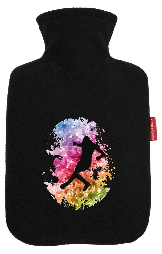 Huuraa Wärmflasche Fußballspieler bunte Silhouette 1,8 Liter Black Classic Veloursbezug Bettflasche Geschenkidee
