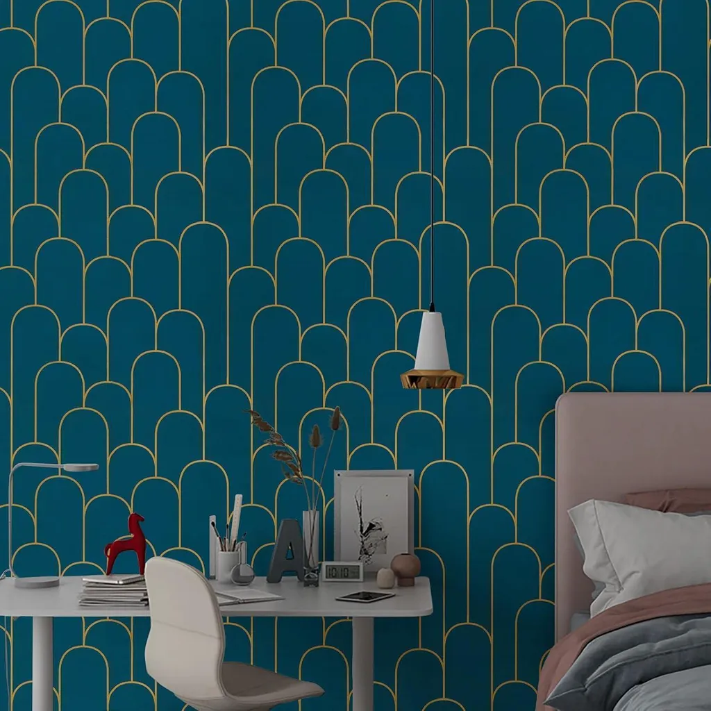 Papier Peint Géométrique Vinyle Imperméable Turquoise Or 44CMx10M Chic - 3