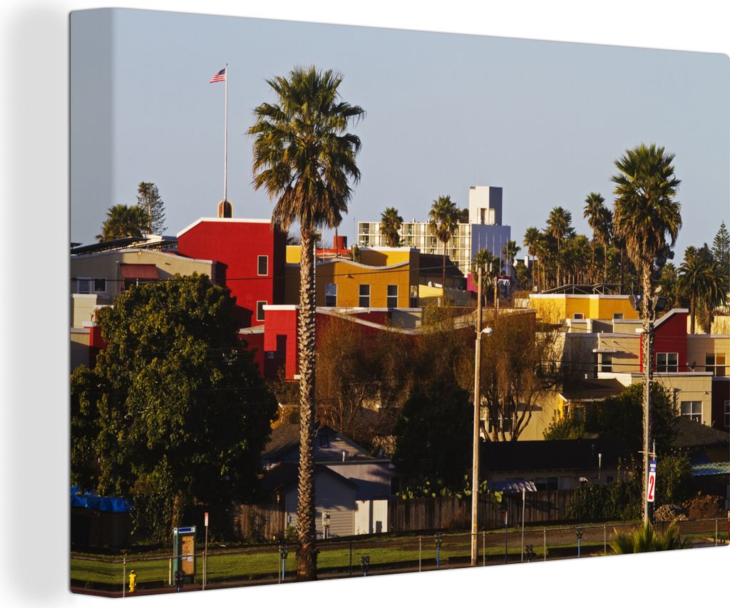 OneMillionCanvasses - Leinwandbilder - 150x100 cm, Bunte Häuser und Palmen in Santa Cruz, Kalifornien, Wandbilder Kunstdruck Wanddekoration