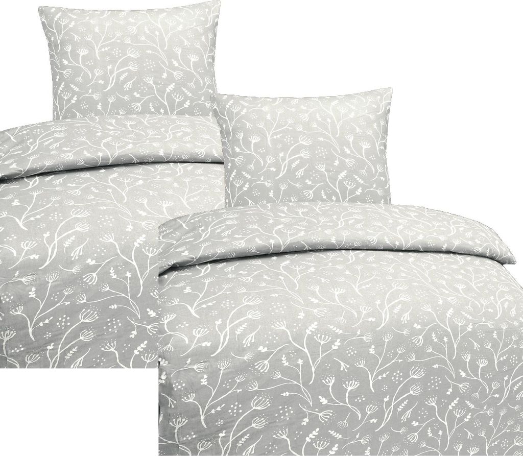 Hochwertige Baumwolle Bettwäsche Blumen Grau Weiß 135x200 Produktbild 