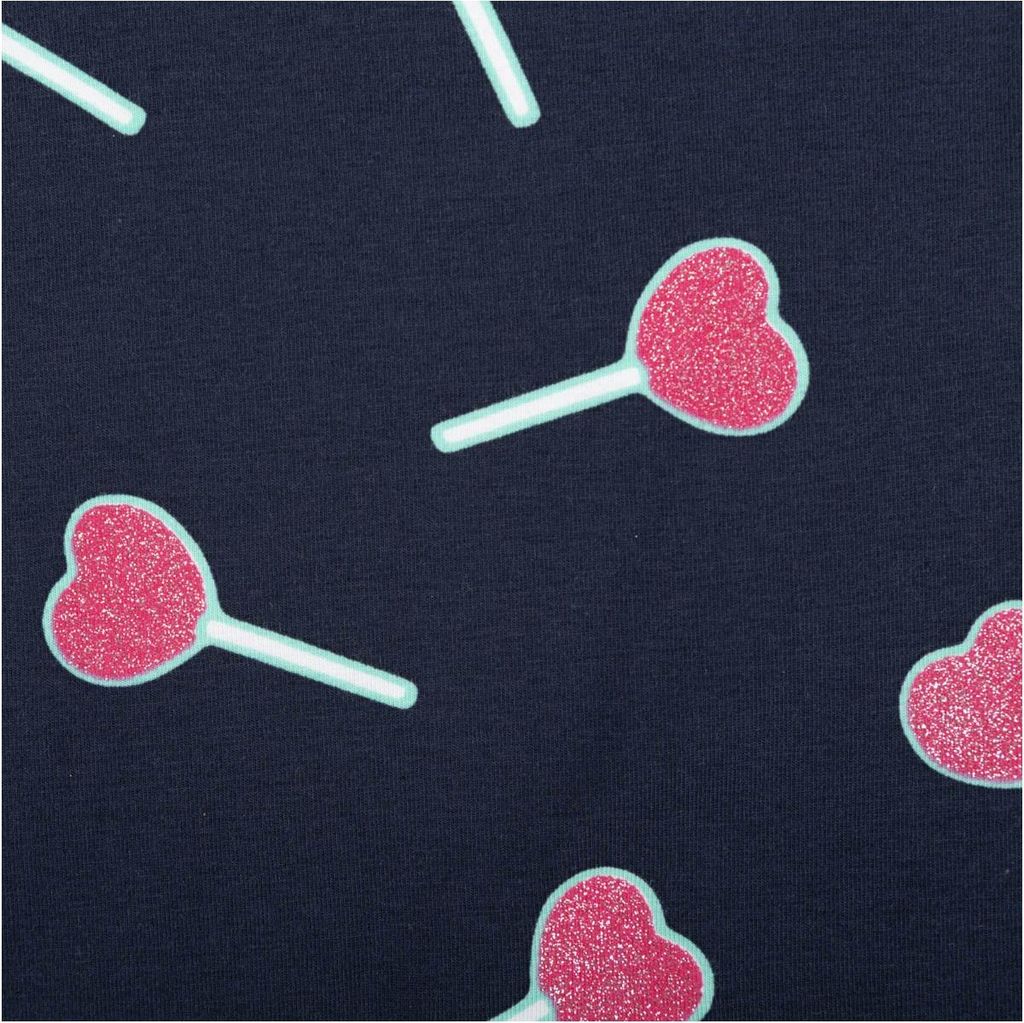 Jersey Stoff Baumwolljersey Glitter Lollypop dkl.blau pink 1,4m Breit