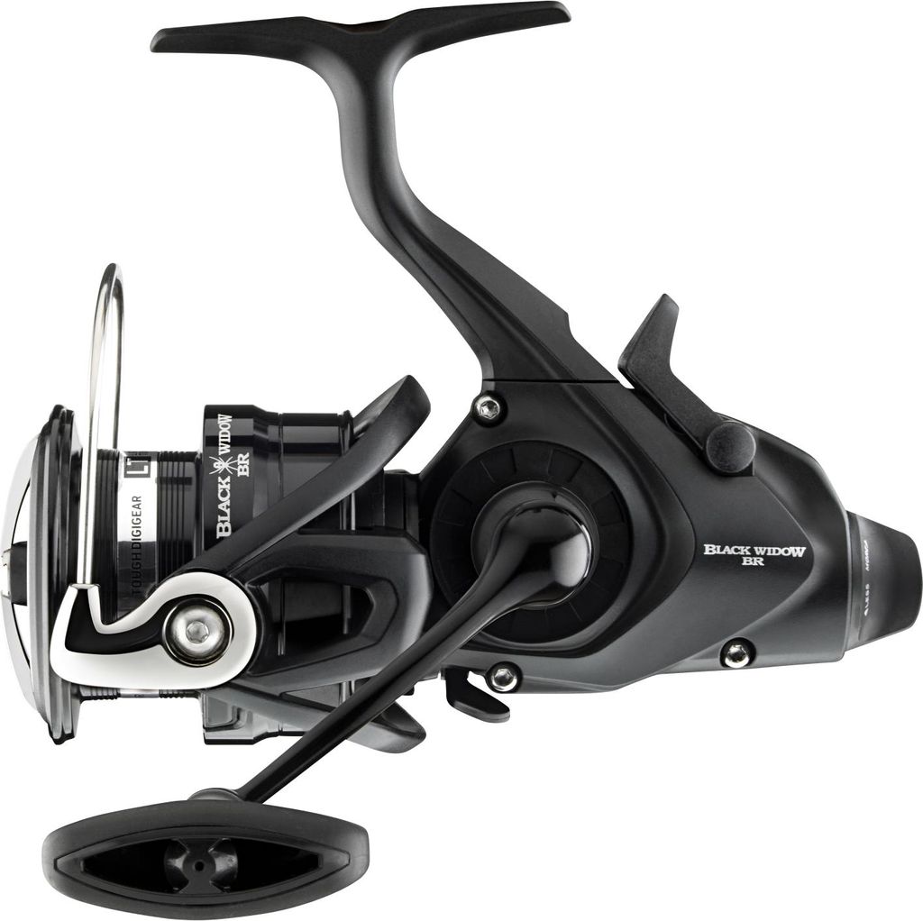 A studio shot of a black fishing reel against a white background.
