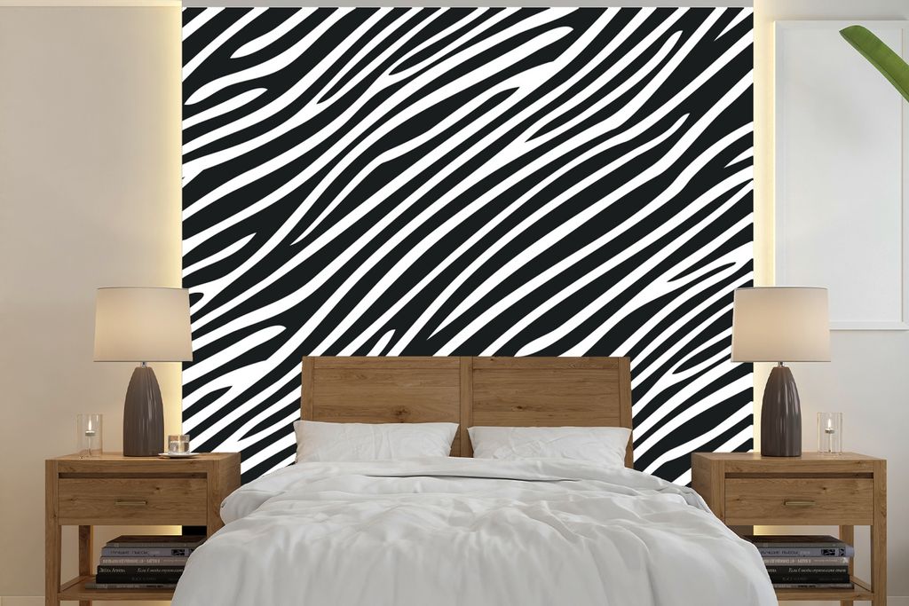 MuchoWow Fototapete für Wohnzimmer oder Schlafzimmer Wandtapete Vinyl Motivtapete Tiermuster - Zebra - Schwarz - 260x260 cm - Papiertapeten