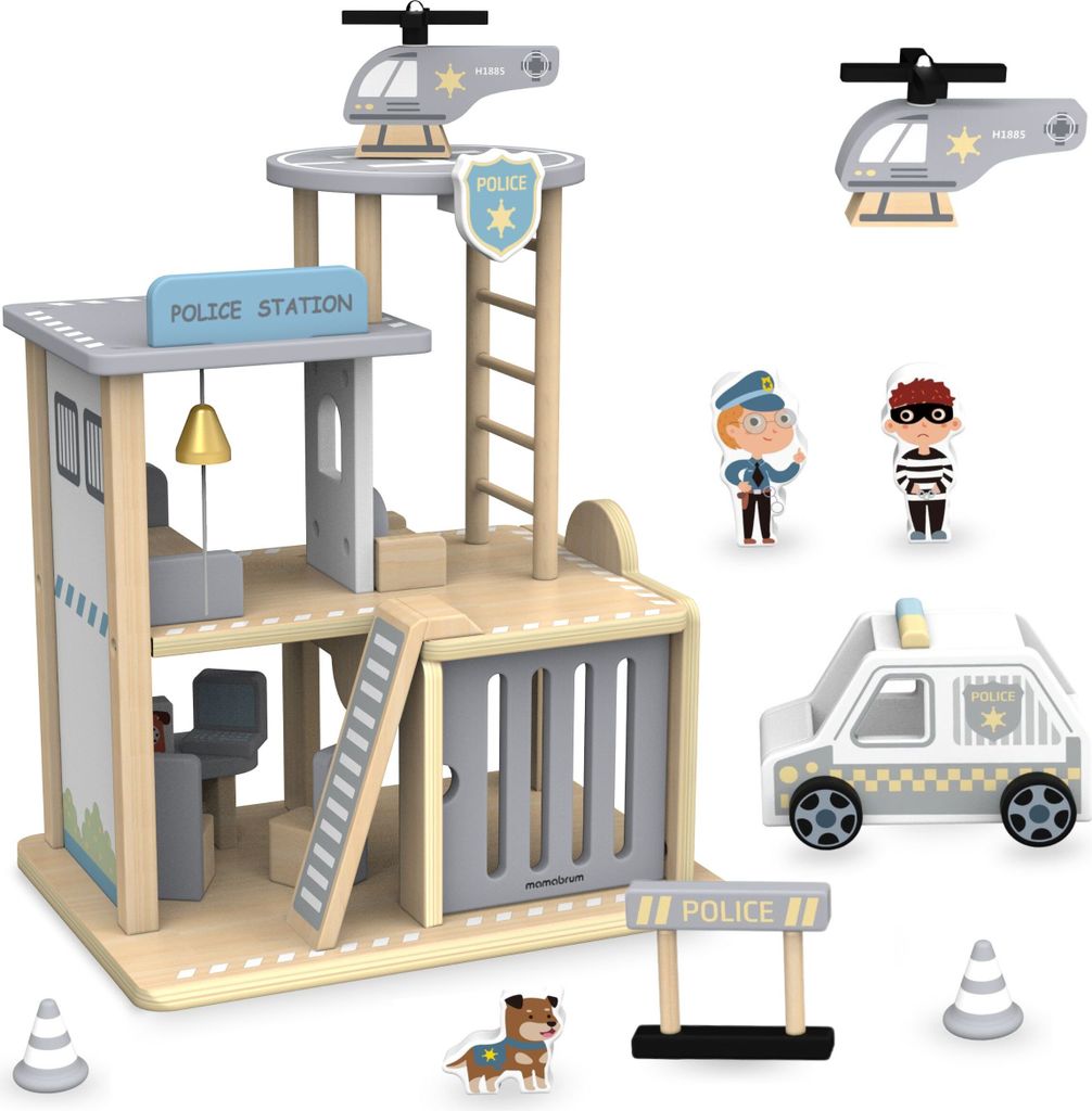 Polizei-Spielset aus Holz – Polizeistation mit Zubehör und Figuren