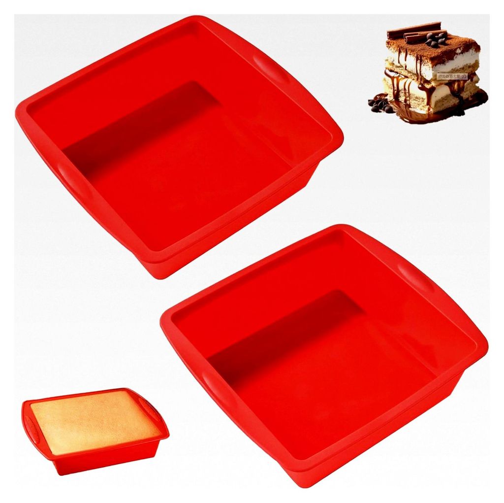 2 Stück Silikon Backform Eckig, 20 cm Kuchenform Silikon Antihaft für Brownies, Käsekuchen und Brote (Rot)
