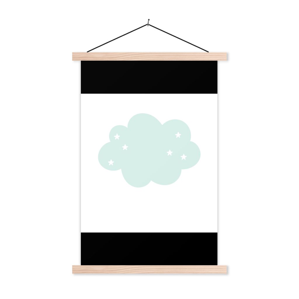 MuchoWow Textilposter Wolke - Sterne - Pastell - Kinder - Baby 60x90 cm mit holzfarbenen Rahmen - Textil