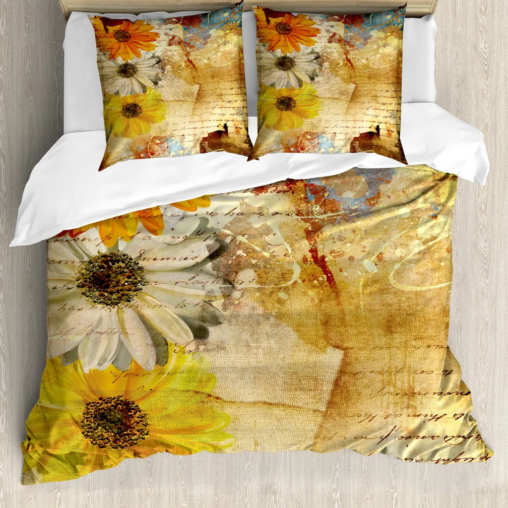 ABAKUHAUS Copripiumino Grunge, fiori e poesia artistica, antiacaro, adatto a chi soffre di allergie, con federe, 155 cm x 220 cm - 80 x 80 cm, multicolore
