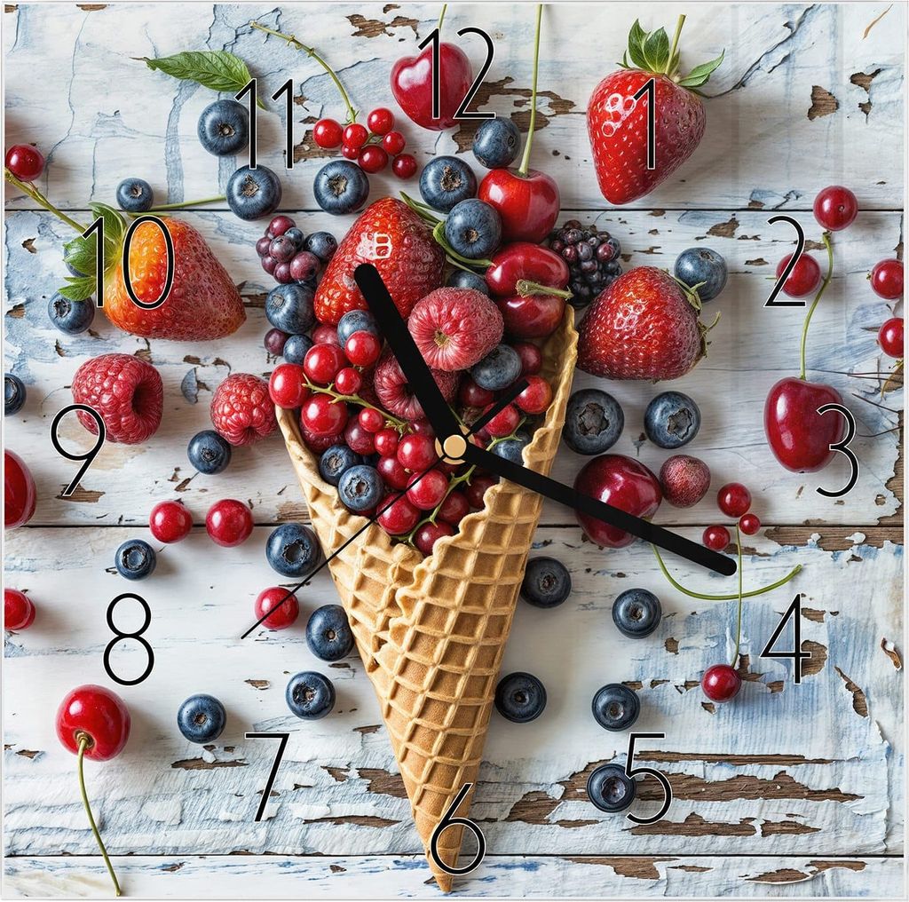 Wanduhr aus Glas mit Motiv Früchte Eiscreme- 30 x 30 cm - inkl. Aufhängesystem