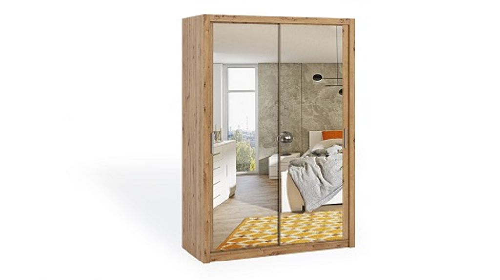 FurMeb24 Schiebetrenschrank BONO 150 cm Kleiderschrank MIT Spiegel, 2-triger Schiebeschrank (Eiche Artisan / Eiche Artisan)