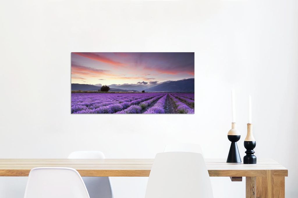 MuchoWow Wanddekoration Metall Metallbild Wandkunst 120x60 cm Sonnenuntergang über Lavendel MuchoWow Aluminium Gemälde - Metalbilder
