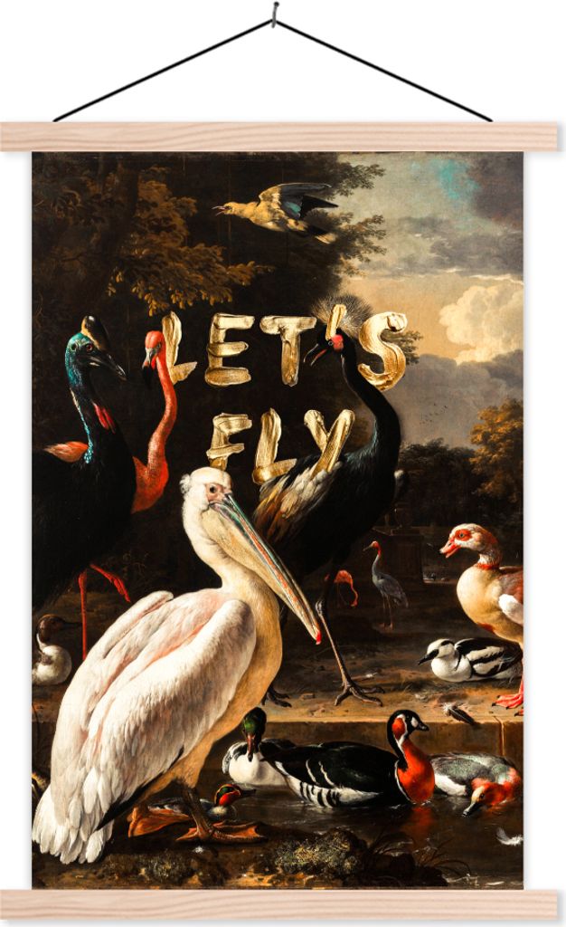 MuchoWow Textilposter Ein Pelikan und andere Vögel in der Nähe eines Wasserbeckens - Melchior d'Hondecoeter 60x90 cm mit holzfarbenen Rahmen - ...