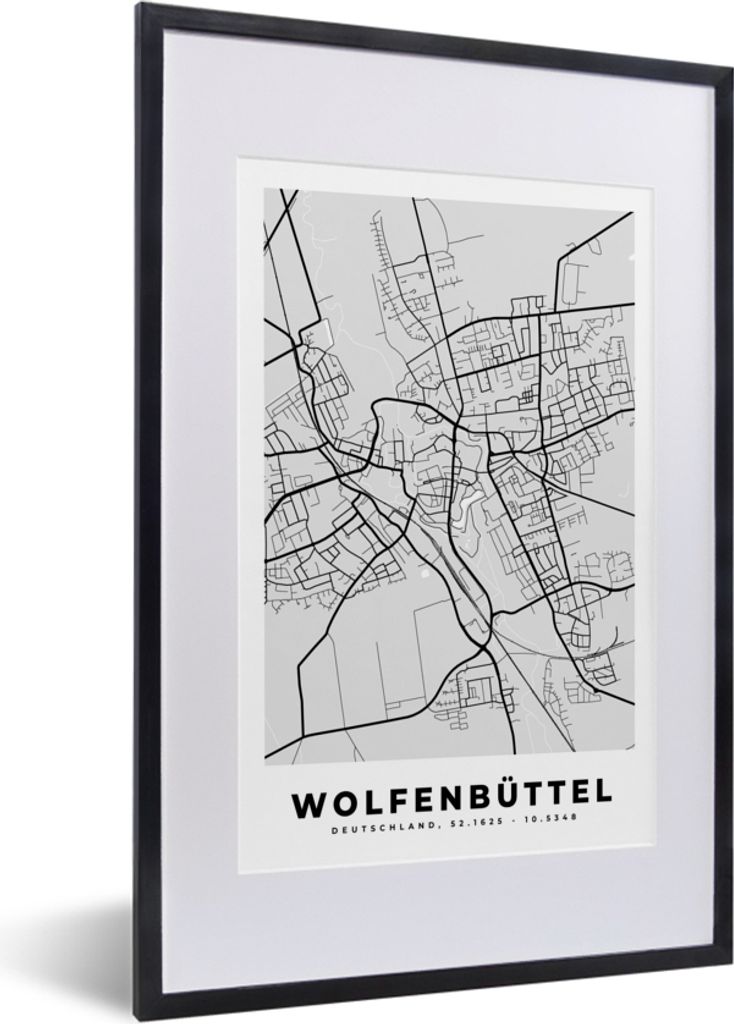 MuchoWow Gerahmtes Poster Stadtplan - Deutschland - Wolfenbüttel - Karte 40x60 cm - Poster mit Schwarzem Bilderrahmen Wandposter Rahmen Foto Bil...