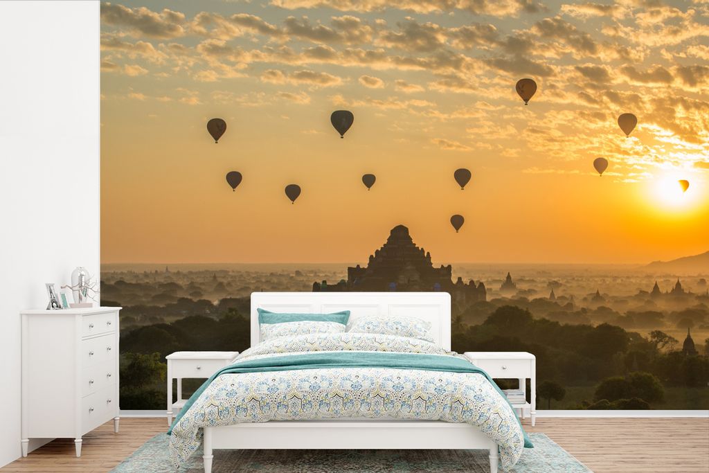 MuchoWow Fototapete für Wohnzimmer oder Schlafzimmer Wandtapete Vinyl Motivtapete Silhouette eines Tempels in Bagan vor einem Sonnenuntergang - ...