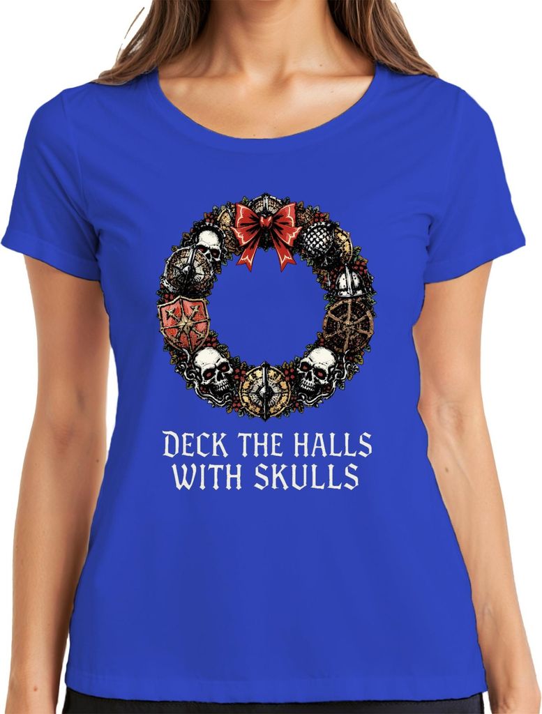 Deck The Halls With Skulls Totenkopf Weihnachtskranz düster Damen T-Shirt, Blau, 3XL