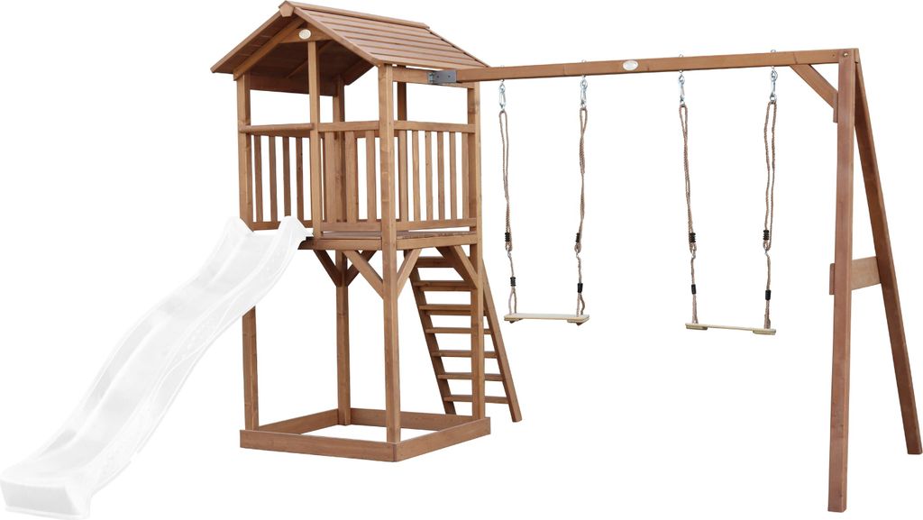 AXI Beach Tower Spielturm aus Holz in Braun | Spielhaus für Kinder mit weißer Rutsche, Doppelschaukel und Sandkasten | Stelzenhaus für den Garten