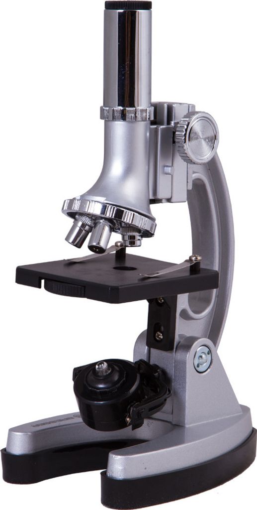 A silver and black microscope is shown against a white background.