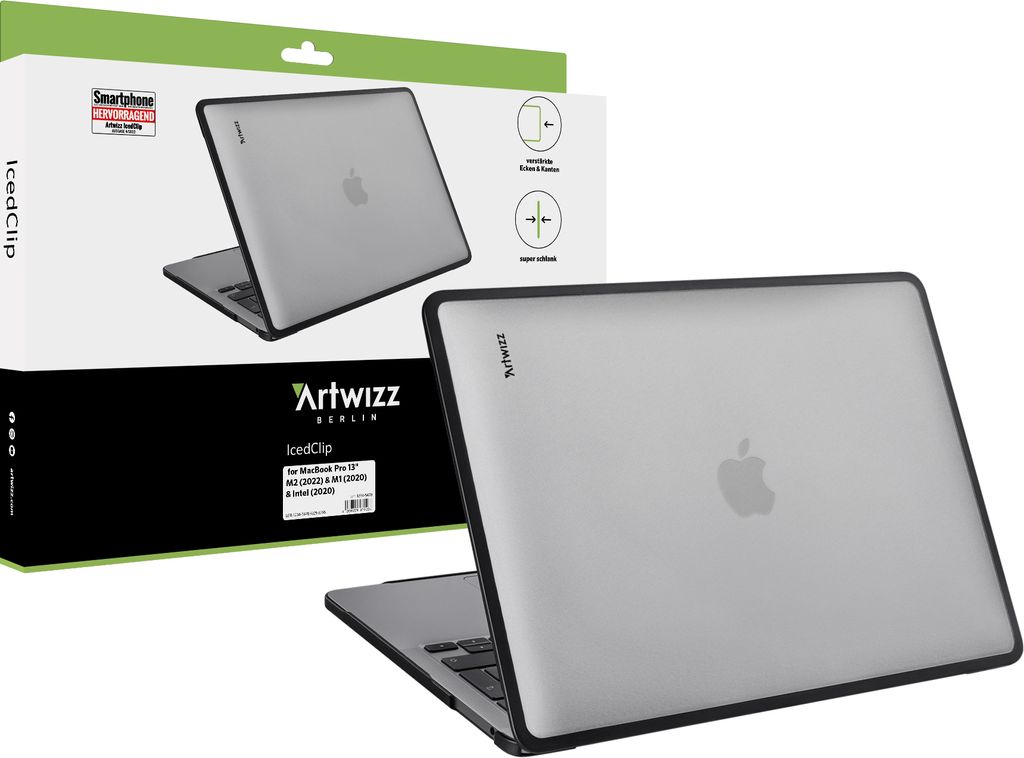 ARTWIZZ IcedClip für MacBook Pro 13 Zoll M2 (2022), M1 (2020), Intel (2020) - Transluzente Schutzhülle mit schwarzem TPU Rahmen