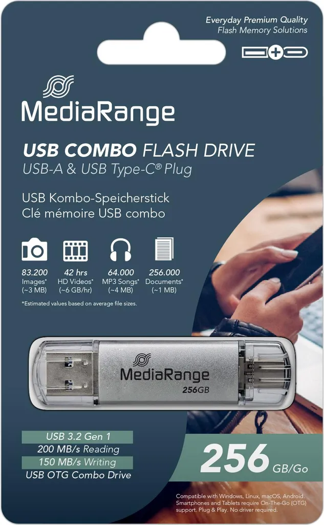 Clé USB 3.2 Gen 1 MediaRange 256 Go Silber - USB-C et USB-A Rapide