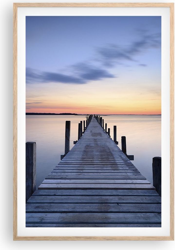 Gerahmtes Poster - Rahmen in heller Eiche - Sonnenuntergang See Wasser Brücke - 61x91,5 cm - Wand Bild - Wanddeko - Wandbilder - Wandposter - Bild...