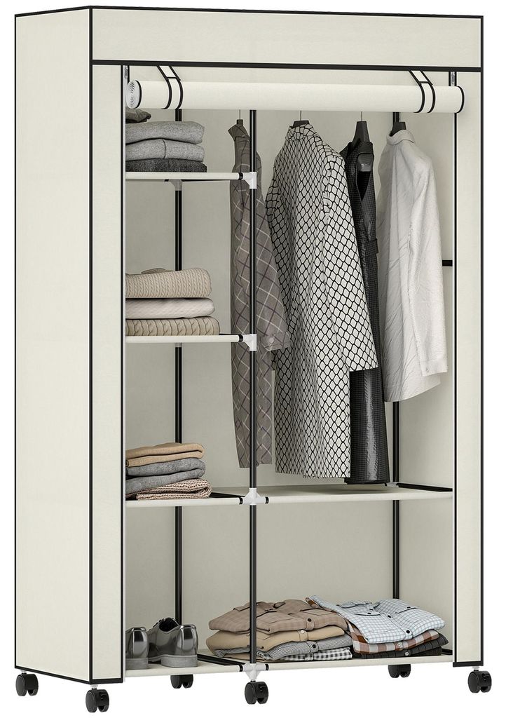 HOMCOM Kleiderschrank Stoffschrank mit Rollen, 6 Ablagen, Kleiderstange Creme