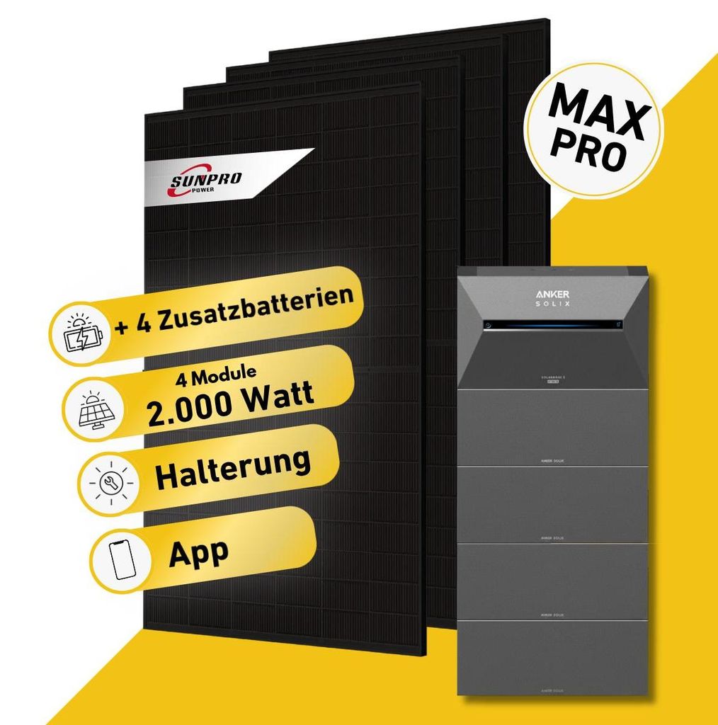 2000 Watt, Bifazial Komplettset, Balkonkraftwerk, Anker SOLIX Solarbank 3 E2700 Pro, 4 x BP2700 Zusatzbatterien, Halterung Balkon