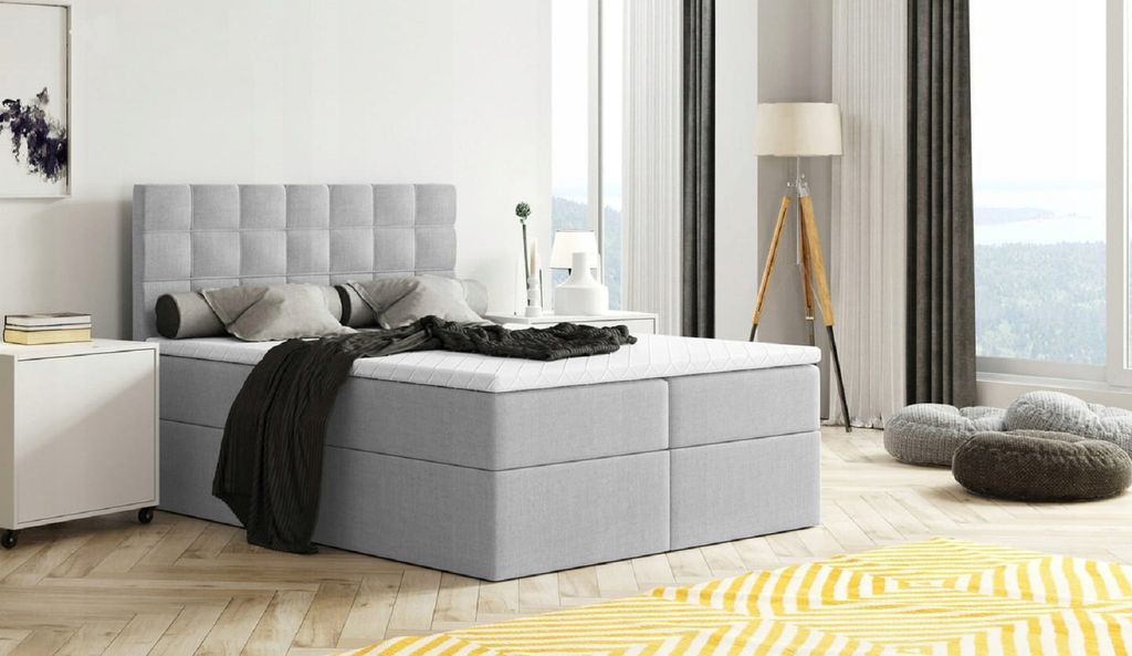 Bett, Boxspringbett MERA mit Bettkästen und VISCO Topper, Doppelbett, Stauraum, Schlafzimmer, Polsterbett, Bettgestell (160x200, Hellgrau - Aura 15)
