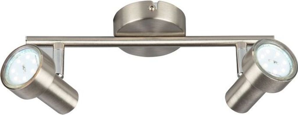 A close-up studio shot of a silver LED ceiling light with two adjustable spotlights.
