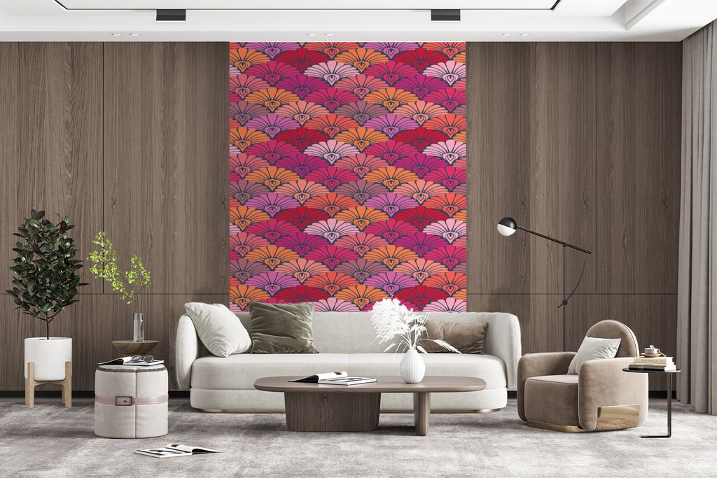 MuchoWow Fototapete für Wohnzimmer oder Schlafzimmer Wandtapete Vinyl Motivtapete Muster - Art Deco - Rosa - Blumen - 170x260 cm - Wohnzimmertapete
