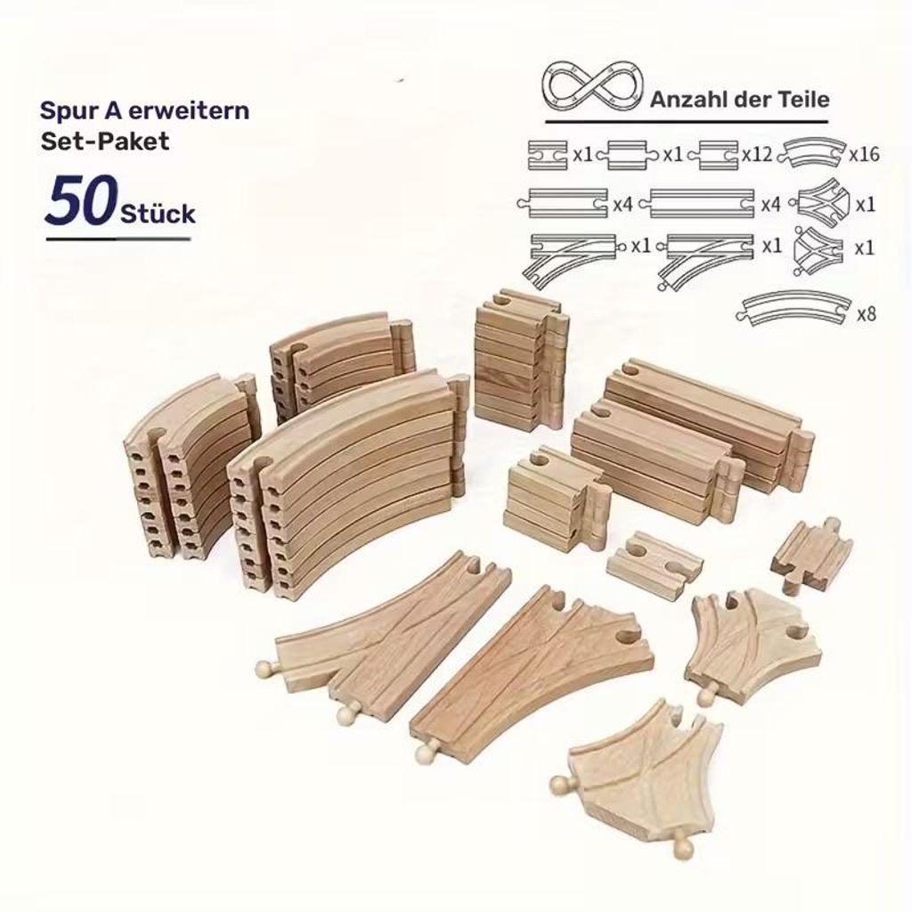 50dílná sada dřevěných kolejí - stavebnice železnice Obrázek produktu 