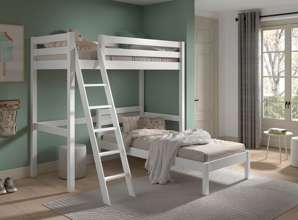 VIPACK - Winkelhochbett Pino2 Liegeflächen 90x200 cm, inkl. Lattenrost, weiß lackiert